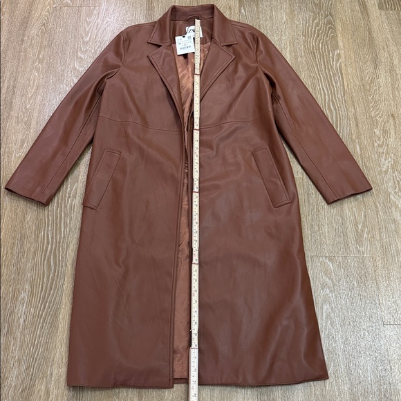 Zara Faux Leather Long Duster Blazer Top Coat Trench Jacket Cognac Brown Medium - Picture 10 of 13